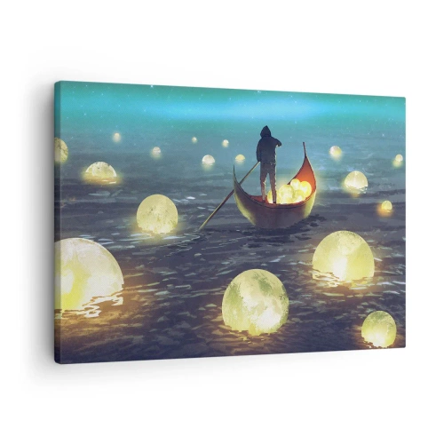 Cuadro sobre lienzo - Impresión de Imagen - Una figura en un barco rodeada de bolas luminosas en el agua. - 70x50cm - Cosas que los filósofos nunca soñaron - Decoración de pared moderna para salón y dormitorio ARTTOR