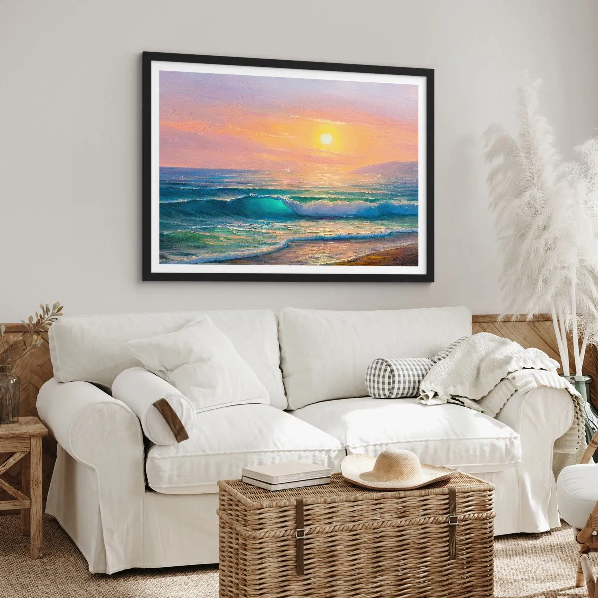 Póster en marco negro - Paisaje marino con puesta de sol - 100x70cm - El canto turquesa de las olas - Decoración de pared moderna para salón y dormitorio ARTTOR