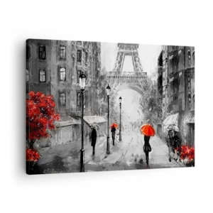 Cuadro sobre lienzo - Impresión de Imagen - Una calle con vistas a la Torre Eiffel y sombrillas rojas. - 70x50cm - Todos los caminos conducen a ella - Decoración de pared moderna para salón y dormitorio ARTTOR
