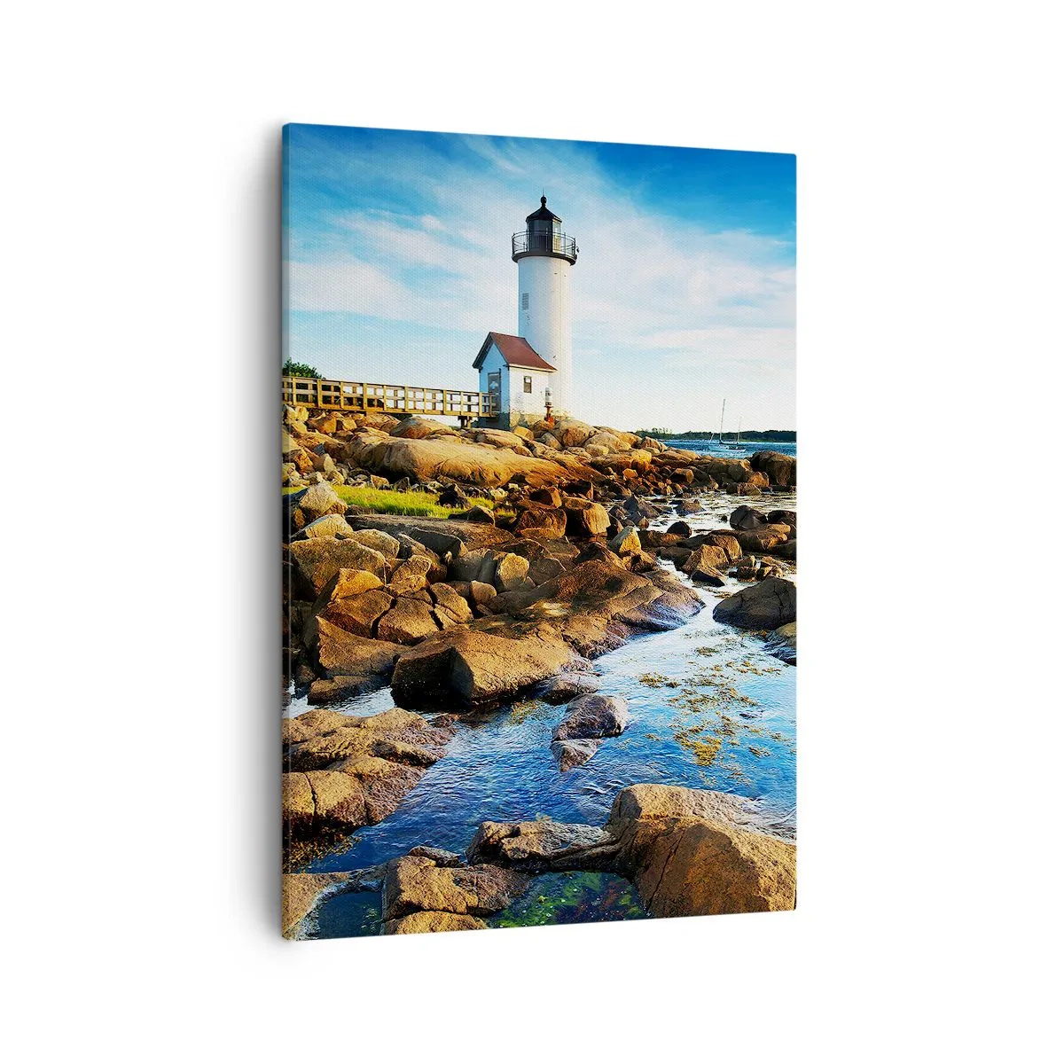 Cuadro sobre lienzo - Impresión de Imagen - Un faro en una costa rocosa en un día soleado. - 50x70cm - Esperando vuestro regreso - Decoración de pared moderna para salón y dormitorio ARTTOR