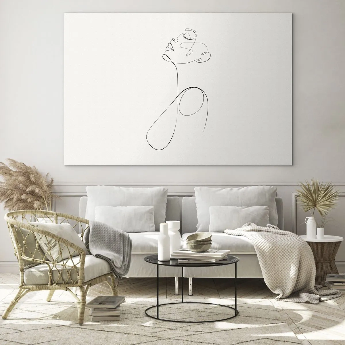 Cuadro sobre vidrio - Impresiones sobre Vidrio - Rostro y silueta femenina en estilo de arte lineal sobre fondo blanco - 70x50cm - En el bucle de los sueños - Decoración de pared moderna para salón y dormitorio ARTTOR