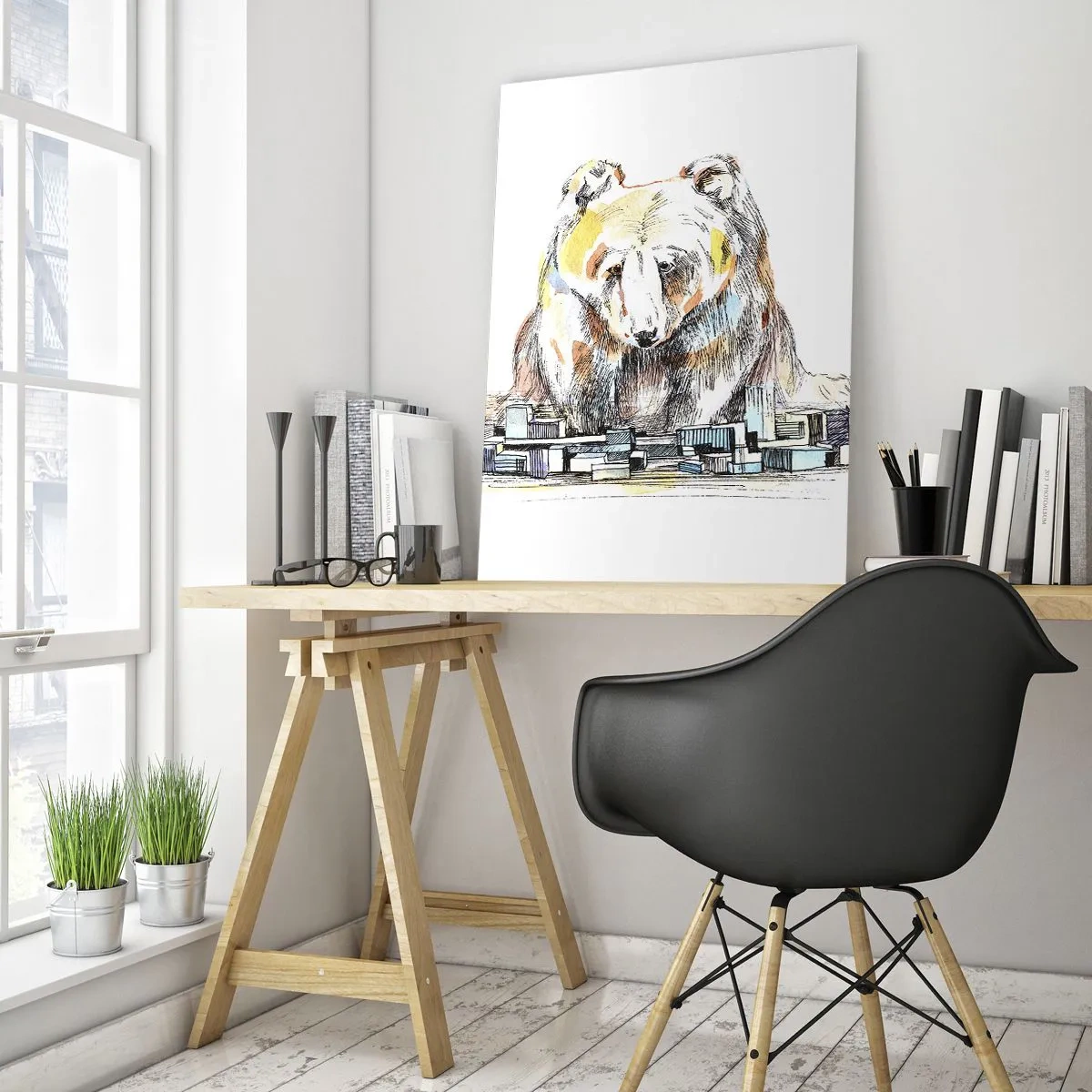 Cuadro sobre vidrio - Impresiones sobre Vidrio - Un oso mirando la ciudad en una composición artística. - 50x70cm - ¿Cómo podéis vivir así? - Decoración de pared moderna para salón y dormitorio ARTTOR