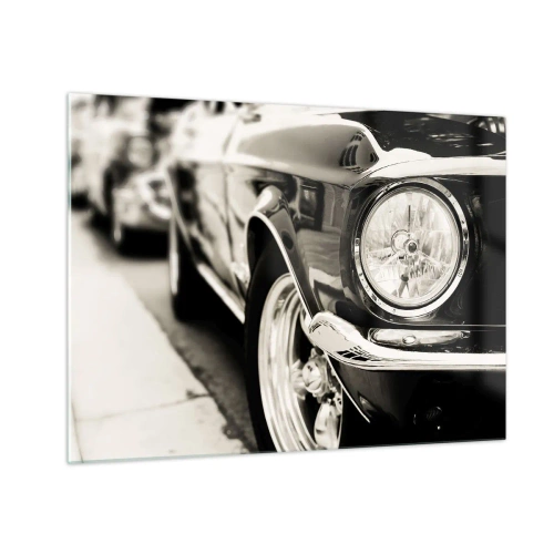Cuadro sobre vidrio - Impresiones sobre Vidrio - Primer plano del frontal de un coche clásico en sepia. - 70x50cm - Brillo perdurable - Decoración de pared moderna para salón y dormitorio ARTTOR