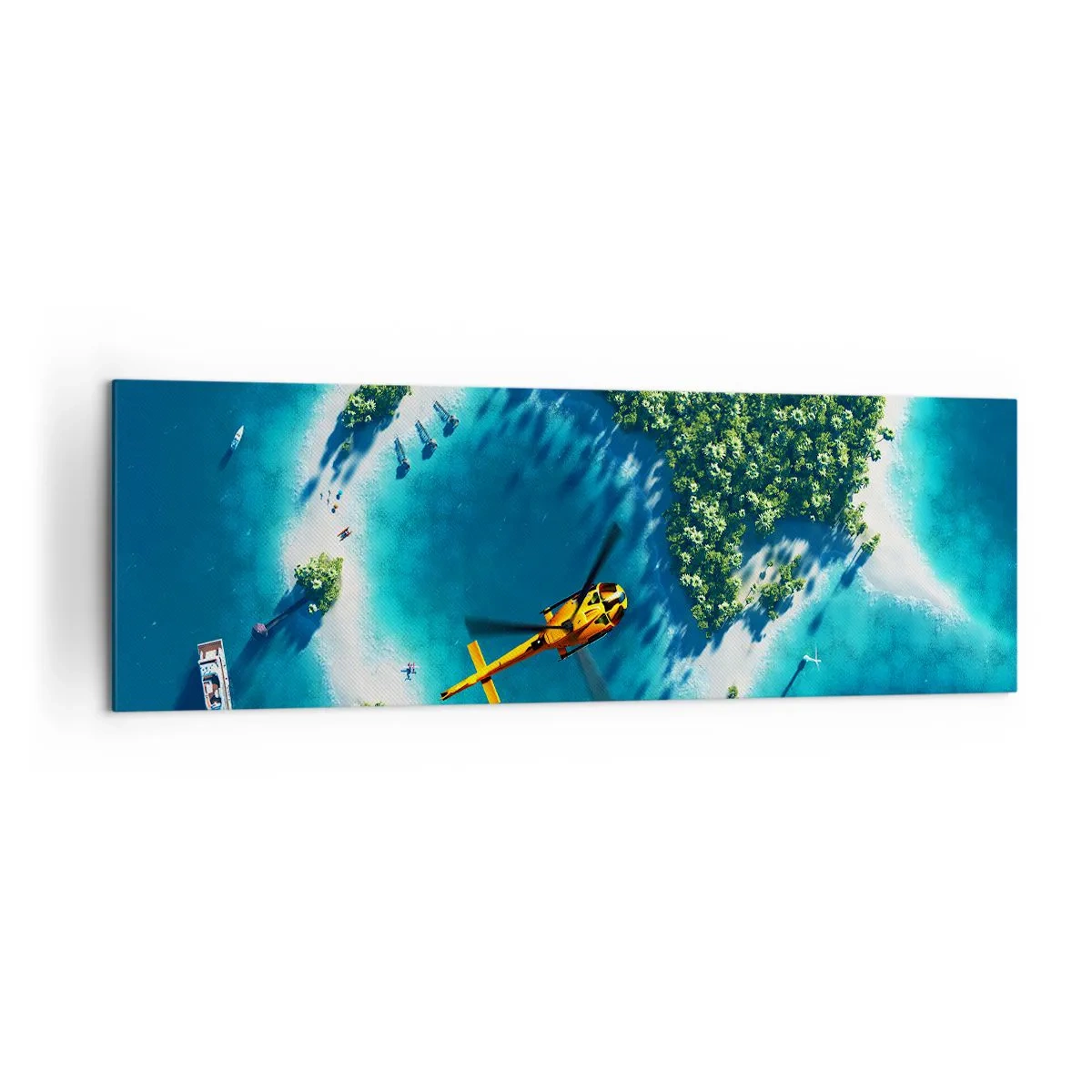 Cuadro sobre lienzo - Impresión de Imagen - Una isla tropical rodeada de agua turquesa con un helicóptero a la vista. - 160x50cm - Cómprate una isla - Decoración de pared moderna para salón y dormitorio ARTTOR