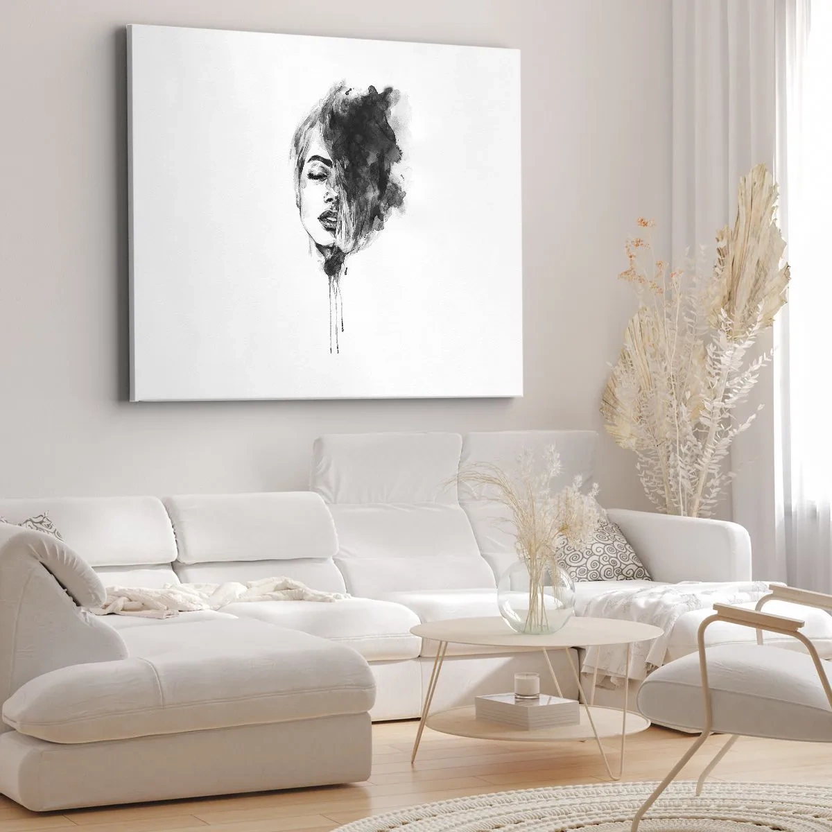 Cuadro sobre lienzo - Impresión de Imagen - Retrato artístico de una mujer en técnica de acuarela con detalles abstractos. - 70x50cm - Sueños en femenino - Decoración de pared moderna para salón y dormitorio ARTTOR