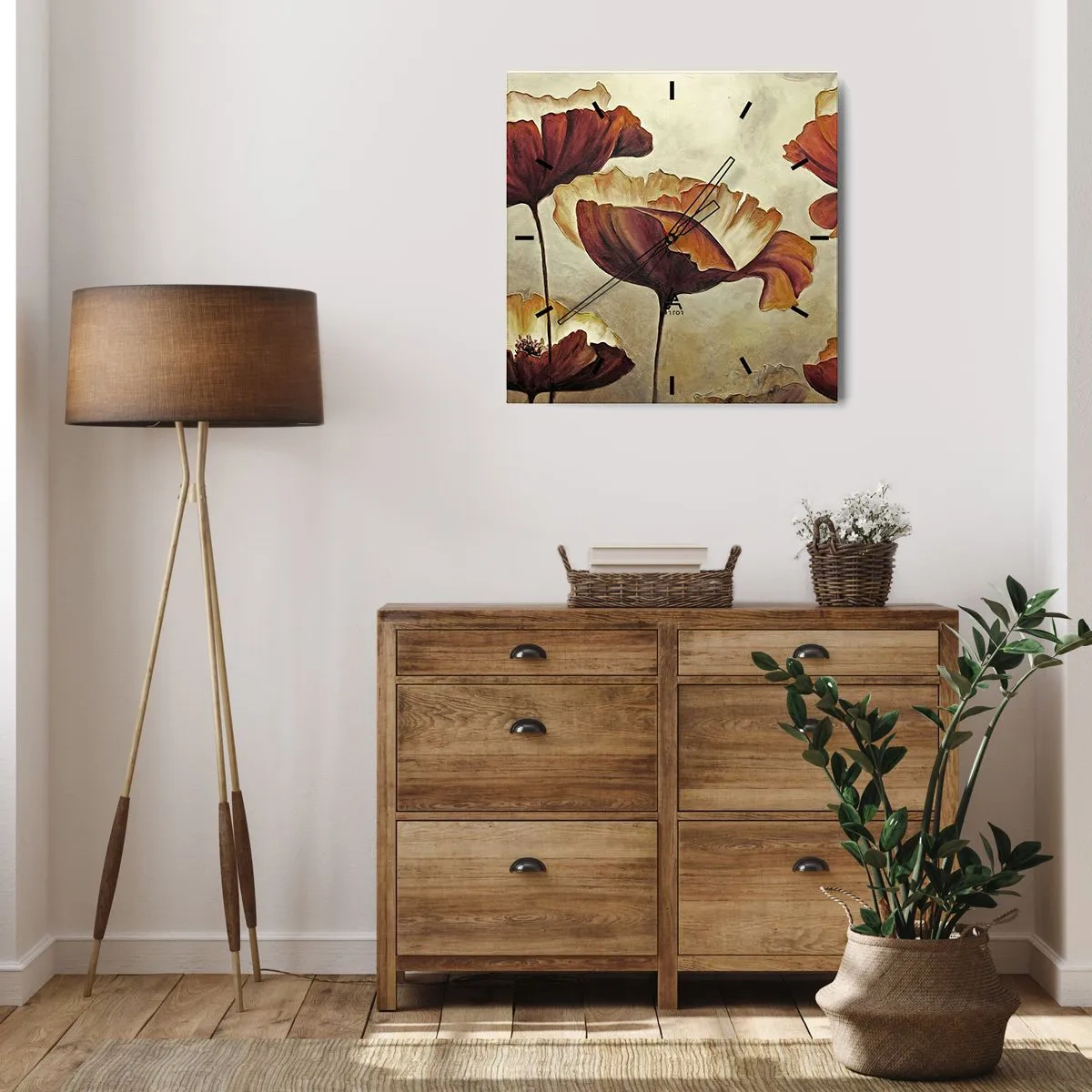 Reloj de pared - Reloj de vidrio - Flores sutiles en tonos rojos y dorados sobre un fondo claro. - 30x30cm - Prado de prados - Decoración de pared moderna para salón y dormitorio ARTTOR