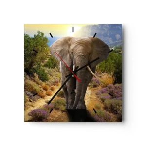 Reloj de pared - Reloj de vidrio - Un elefante africano frente a un paisaje de sabana y montaña. - 30x30cm - Este es el aspecto del Edén - Decoración de pared moderna para salón y dormitorio ARTTOR