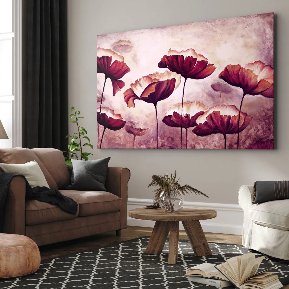 Cuadro sobre lienzo - Impresión de Imagen - Flores en tonos rojos y blancos sobre un fondo sutil. - 70x50cm - Pétalo rojo y blanco - Decoración de pared moderna para salón y dormitorio ARTTOR