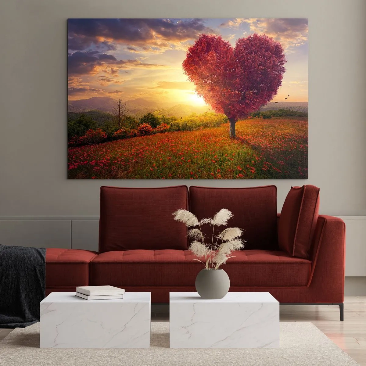 Cuadro sobre vidrio - Impresiones sobre Vidrio - Un árbol en forma de corazón en un campo al atardecer. - 70x50cm - Te atrapa el corazón - Decoración de pared moderna para salón y dormitorio ARTTOR