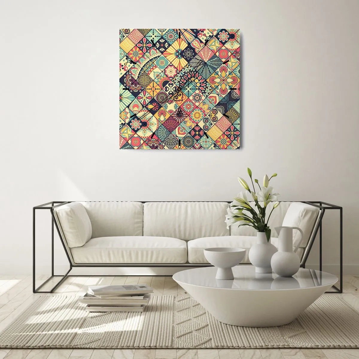 Reloj de pared - Reloj de vidrio - Patrones geométricos coloridos inspirados en el estilo marroquí. - 30x30cm - Clima marroquí - Decoración de pared moderna para salón y dormitorio ARTTOR