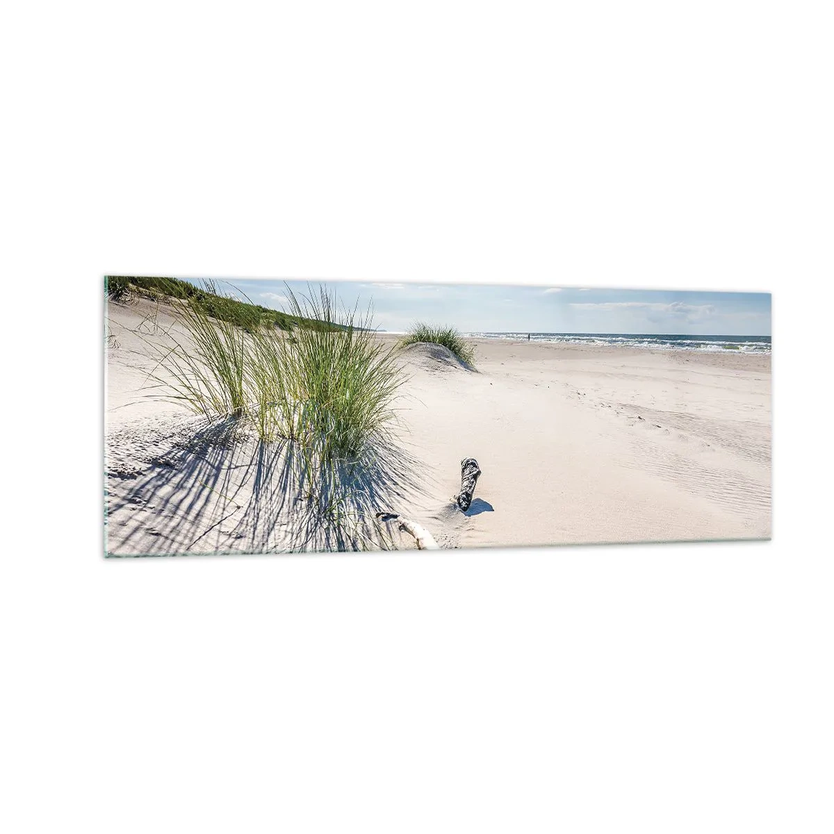Cuadro sobre vidrio - Impresiones sobre Vidrio - Una playa báltica con arena, césped y un cielo azul tranquilo. - 140x50cm - ¿La más bella? Báltico - Decoración de pared moderna para salón y dormitorio ARTTOR