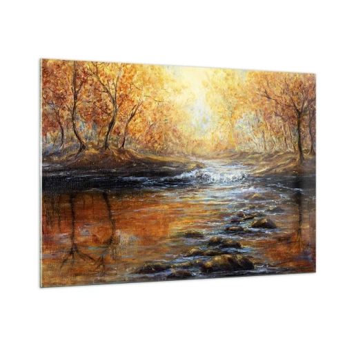Cuadro sobre vidrio - Impresiones sobre Vidrio - Un arroyo dorado en el bosque rodeado de árboles otoñales. - 100x70cm - Arroyo de oro - Decoración de pared moderna para salón y dormitorio ARTTOR