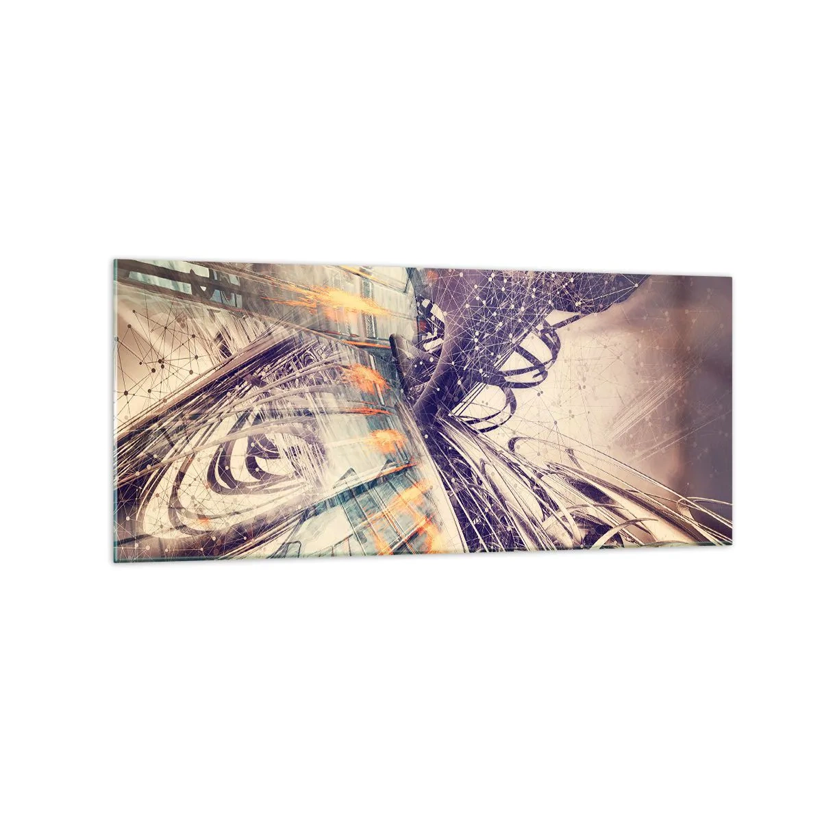 Cuadro sobre vidrio - Impresiones sobre Vidrio - Abstracción dinámica en tonos beige y morado. - 120x50cm - Con mucha prisa - Decoración de pared moderna para salón y dormitorio ARTTOR