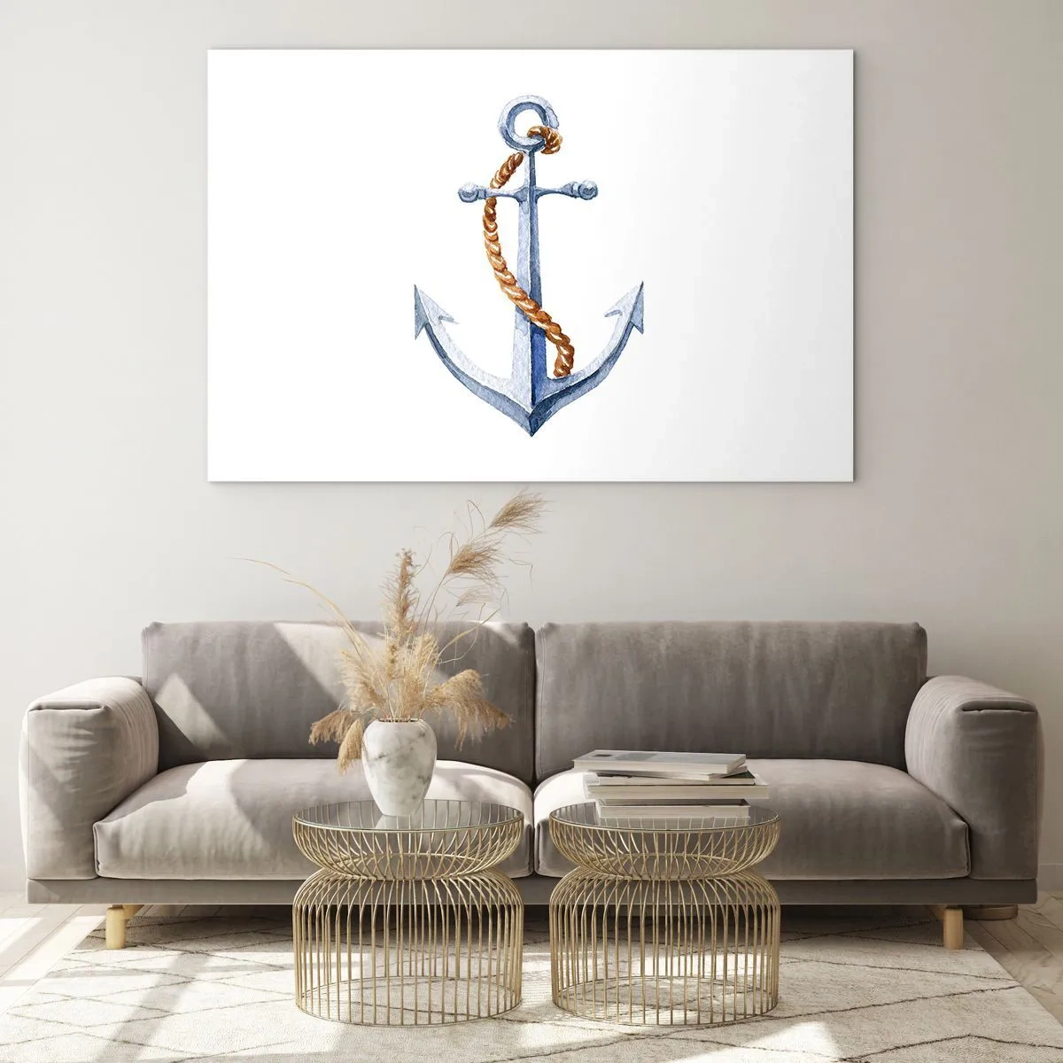 Cuadro sobre vidrio - Impresiones sobre Vidrio - Ancla con cuerda en estilo náutico - 70x50cm - ¡Ah, aventura! - Decoración de pared moderna para salón y dormitorio ARTTOR