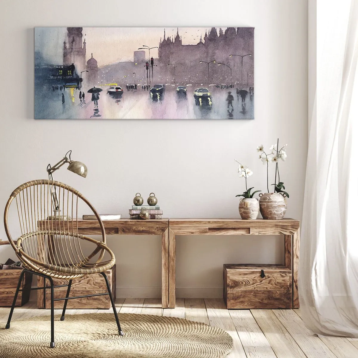 Cuadro sobre lienzo - Impresión de Imagen - Una calle de la ciudad al anochecer en estilo acuarela. - 160x50cm - En una niebla lluviosa - Decoración de pared moderna para salón y dormitorio ARTTOR