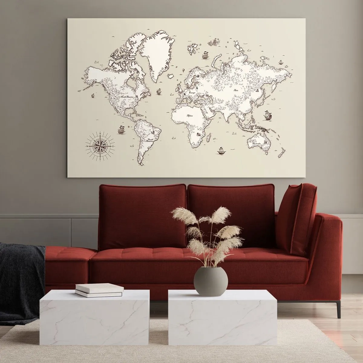 Cuadro sobre vidrio - Impresiones sobre Vidrio - Un mapa del mundo estilizado en una versión clásica. - 100x70cm - Un viaje alrededor del mundo - Decoración de pared moderna para salón y dormitorio ARTTOR
