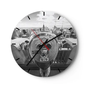 Reloj de pared - Reloj de vidrio - Binoculares turísticos apuntando al horizonte de Nueva York - 30x30cm - Sobre la ciudad - Decoración de pared moderna para salón, cocina y dormitorio ARTTOR
