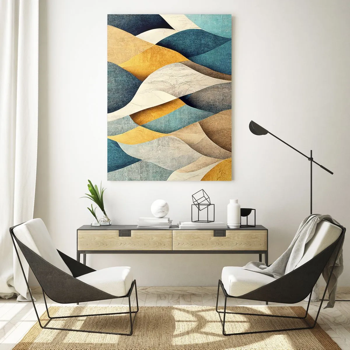 Cuadro sobre vidrio - Impresiones sobre Vidrio - Ondas abstractas en tonos azules y dorados. - 70x100cm - Ritmo y ondulación - Decoración de pared moderna para salón y dormitorio ARTTOR