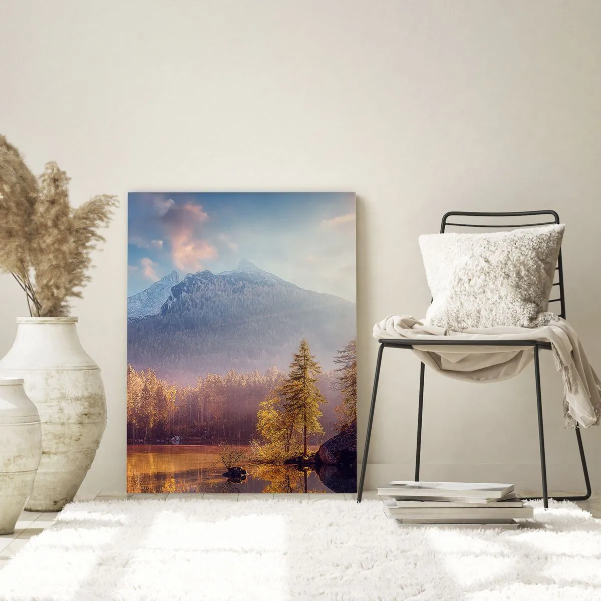 Cuadro sobre vidrio - Impresiones sobre Vidrio - Vista pintoresca del bosque de montaña y el lago al amanecer. - 70x100cm - Entre las montañas y los valles - Decoración de pared moderna para salón y dormitorio ARTTOR