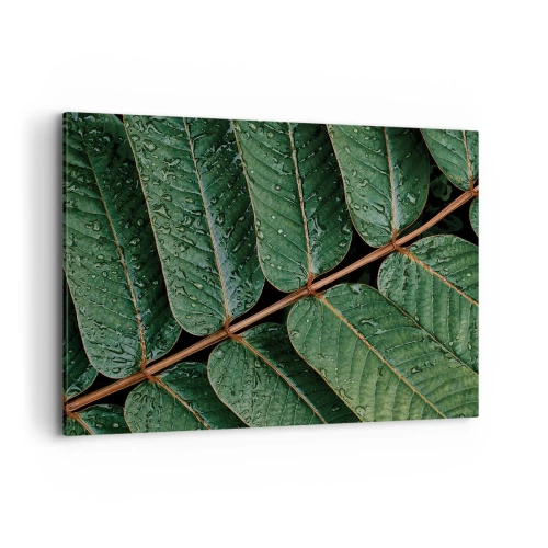 Cuadro sobre lienzo - Impresión de Imagen - Fotografía macro de hojas verdes con gotas de rocío. - 100x70cm - En un ritmo verde - Decoración de pared moderna para salón y dormitorio ARTTOR