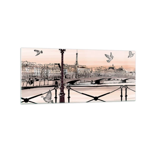 Cuadro sobre vidrio - Impresiones sobre Vidrio - Vista parisina con una linterna y un puente. - 120x50cm - Sobre los tejados de París - Decoración de pared moderna para salón y dormitorio ARTTOR