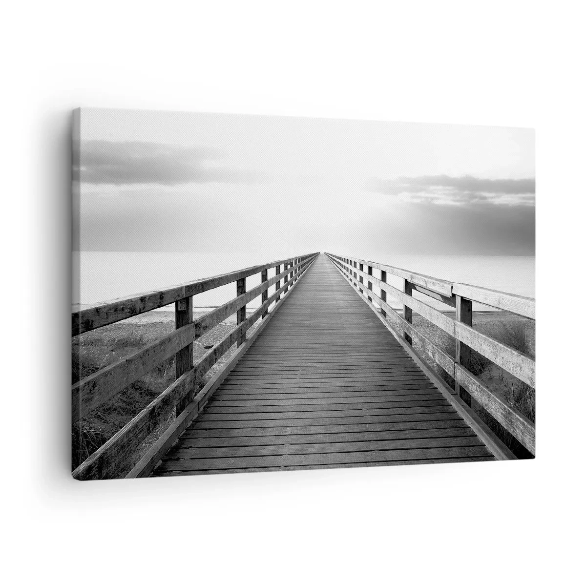 Cuadro sobre lienzo - Impresión de Imagen - Una imagen en blanco y negro de un embarcadero de madera que conduce hacia el horizonte. - 70x50cm - En la distancia... - Decoración de pared moderna para salón y dormitorio ARTTOR