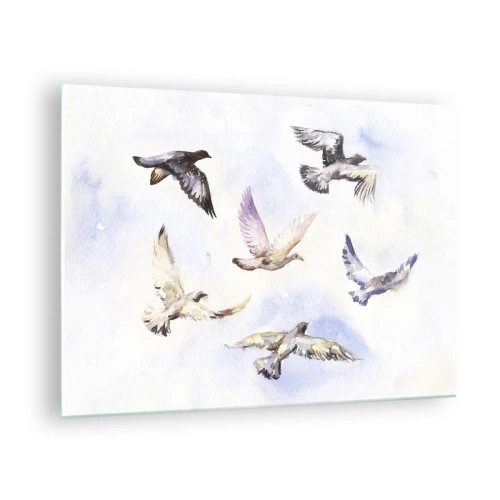 Cuadro sobre vidrio - Impresiones sobre Vidrio - Pájaros en vuelo contra un cielo despejado - 70x50cm - Libertad en gris y azul - Decoración de pared moderna para salón y dormitorio ARTTOR