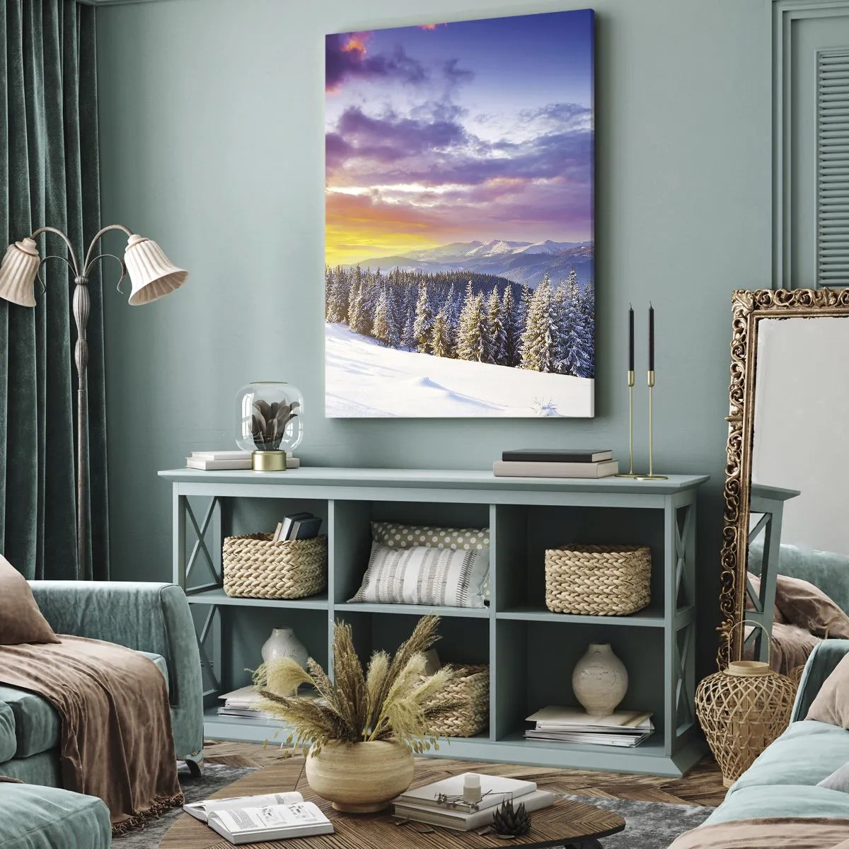 Cuadro sobre lienzo - Impresión de Imagen - Paisaje invernal con montañas y bosque al atardecer - 70x100cm - Día blanco - Decoración de pared moderna para salón y dormitorio ARTTOR