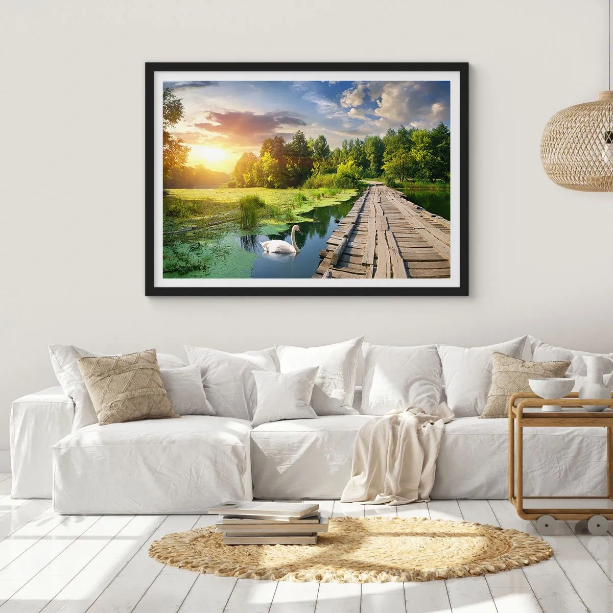 Póster en marco negro - Un paisaje pintoresco con un puente y un cisne. - 70x50cm - Verano, verano en todas partes - Decoración de pared moderna para salón y dormitorio ARTTOR