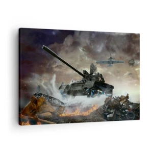 Cuadro sobre lienzo - Impresión de Imagen - Escena de batalla con tanques y aviones al fondo. - 70x50cm - La batalla es terrible y hermosa - Decoración de pared moderna para salón y dormitorio ARTTOR