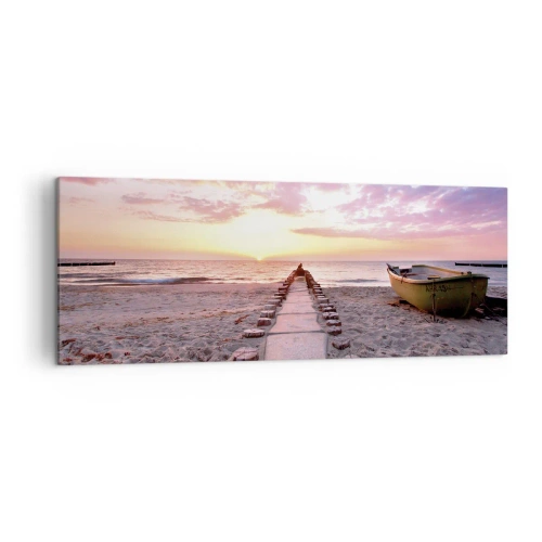 Cuadro sobre lienzo - Impresión de Imagen - Playa al amanecer con barco y muelle - 140x50cm - Un momento de profunda experiencia - Decoración de pared moderna para salón y dormitorio ARTTOR