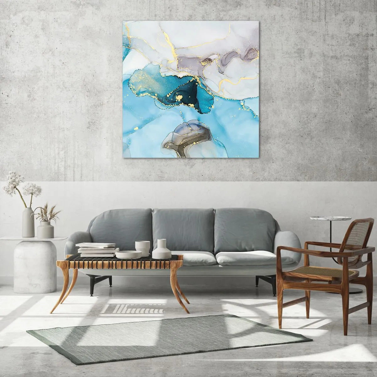 Cuadro sobre vidrio - Impresiones sobre Vidrio - Un estudio del encuentro entre el gris y el turquesa - 40x40 cm