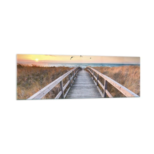 Cuadro sobre vidrio - Impresiones sobre Vidrio - Muelle de madera que conduce a la playa al atardecer - 160x50cm - Camino a lo desconocido - Decoración de pared moderna para salón y dormitorio ARTTOR