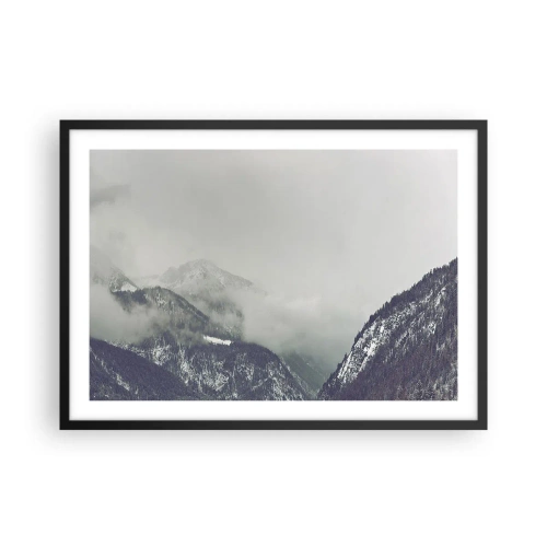 Póster en marco negro - Un valle de montaña envuelto en niebla en tonos grises. - 70x50cm - Valle de la niebla - Decoración de pared moderna para salón y dormitorio ARTTOR