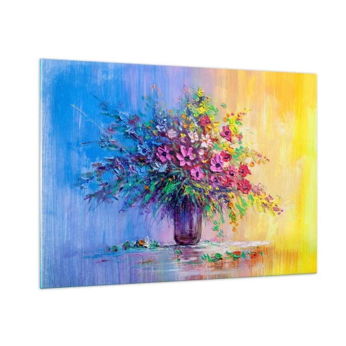 Cuadro sobre vidrio - Impresiones sobre Vidrio - Un colorido ramo de flores en un jarrón sobre un fondo abstracto. - 100x70cm - El regalo de un prado de verano - Decoración de pared moderna para salón y dormitorio ARTTOR