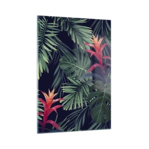 Cuadro sobre vidrio - Impresiones sobre Vidrio - Hojas y flores exóticas sobre un fondo oscuro. - 50x70cm - Encender el color verde - Decoración de pared moderna para salón y dormitorio ARTTOR