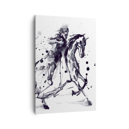 Cuadro sobre lienzo - Impresión de Imagen - Acuarela en blanco y negro de un jinete sobre un caballo al galope. - 70x100cm - Caballero negro - Decoración de pared moderna para salón y dormitorio ARTTOR
