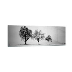 Cuadro sobre vidrio - Impresiones sobre Vidrio - Tres árboles en un campo nevado en estilo monocromático. - 160x50cm - ¿Con qué sueñan? - Decoración de pared moderna para salón y dormitorio ARTTOR