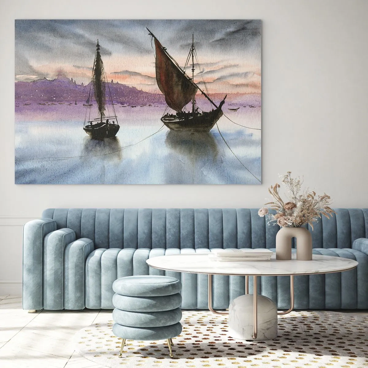 Cuadro sobre vidrio - Impresiones sobre Vidrio - Dos veleros en aguas tranquilas al atardecer - 120x80cm - Atardecer en el puerto - Decoración de pared moderna para salón y dormitorio ARTTOR