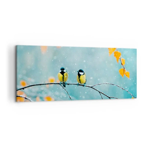 Cuadro sobre lienzo - Impresión de Imagen - Dos pájaros en una rama en un entorno invernal con hojas amarillas. - 120x50cm - Cotilleo de pájaros - Decoración de pared moderna para salón y dormitorio ARTTOR