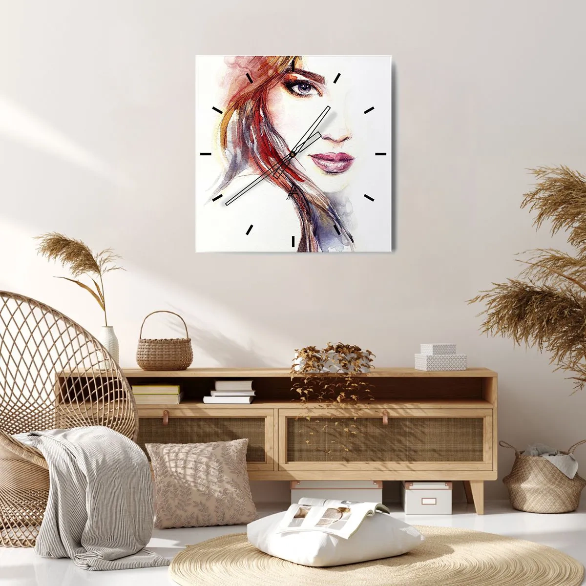 Reloj de pared - Reloj de vidrio - Una sutil acuarela del rostro de una mujer con una mirada expresiva. - 30x30cm - Sígueme - Decoración de pared moderna para salón y dormitorio ARTTOR