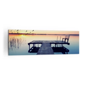 Cuadro sobre lienzo - Impresión de Imagen - Muelle de madera en un lago al amanecer con pájaros - 160x50cm - Fue un buen día - Decoración de pared moderna para salón y dormitorio ARTTOR