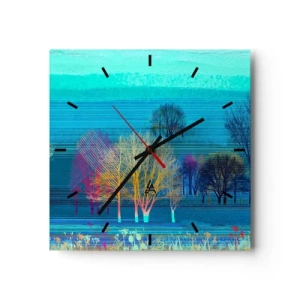 Reloj de pared - Reloj de vidrio - Árboles coloridos contra un paisaje azul minimalista. - 30x30cm - Un paisaje armónico - Decoración de pared moderna para salón y dormitorio ARTTOR