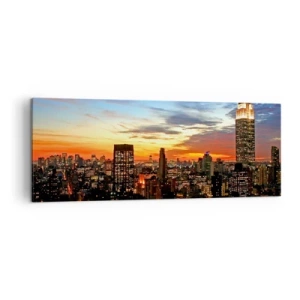 Cuadro sobre lienzo - Impresión de Imagen - Panorama de la ciudad con rascacielos iluminados al atardecer - 140x50cm - Una luminosa noche americana - Decoración de pared moderna para salón y dormitorio ARTTOR