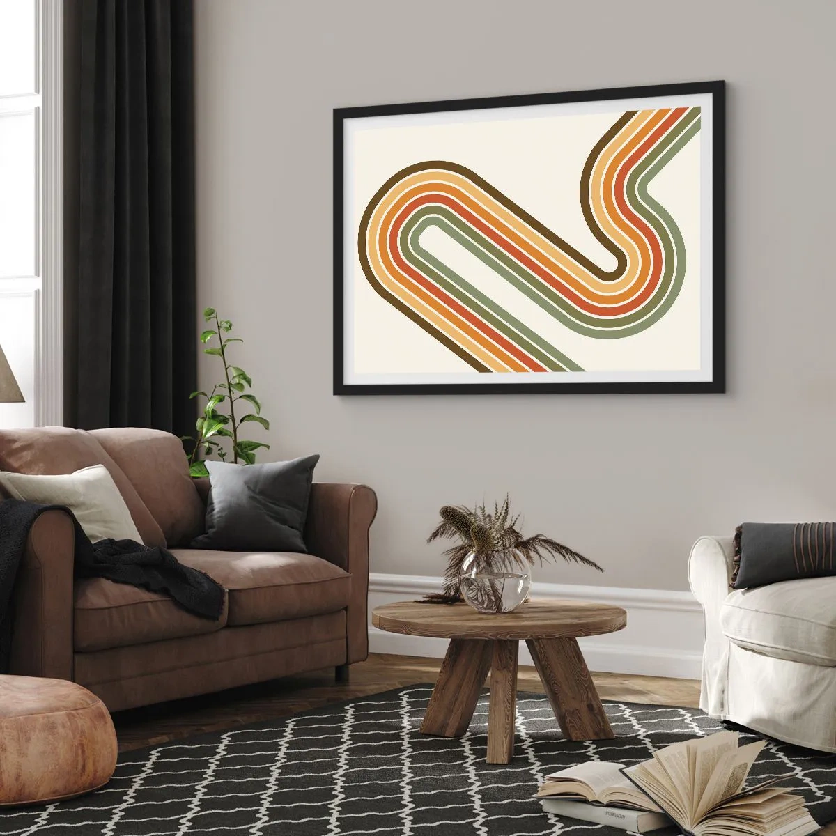 Póster en marco negro - Patrón geométrico en tonos verde, naranja y beige sobre un fondo claro. - 70x50cm - Zigzagueando hasta su destino - Decoración de pared moderna para salón y dormitorio ARTTOR