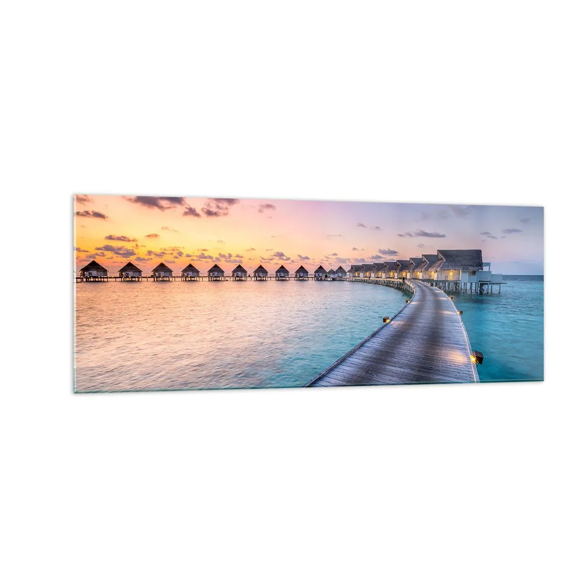 Cuadro sobre vidrio - Impresiones sobre Vidrio - El muelle que conduce a las cabañas frente al mar al atardecer. - 140x50cm - Vacaciones - volver al origen - Decoración de pared moderna para salón y dormitorio ARTTOR