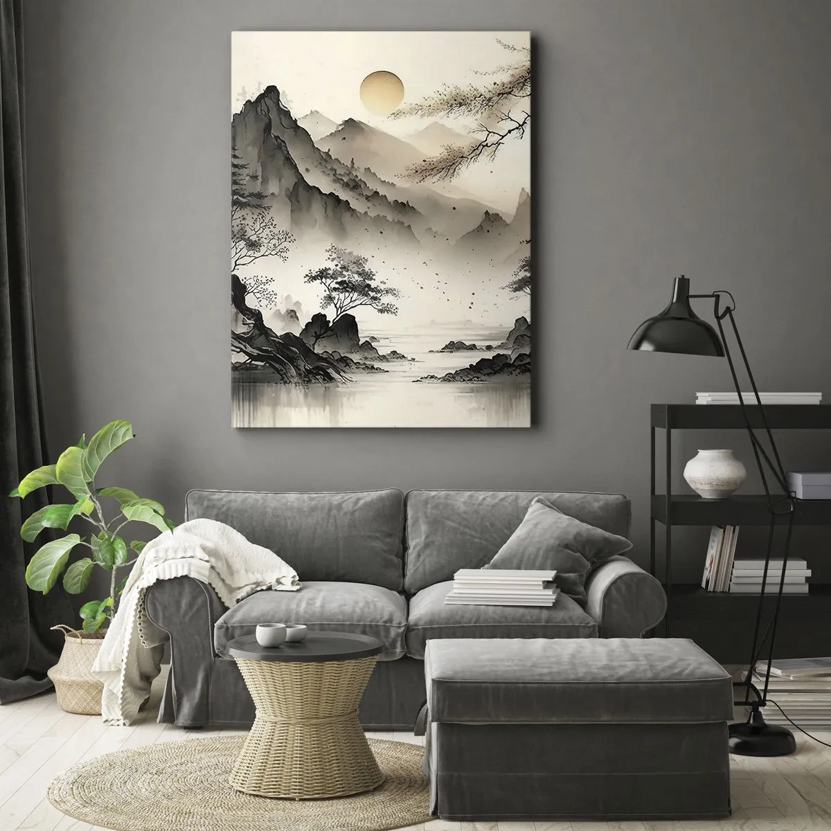 Cuadro sobre lienzo - Impresión de Imagen - Un paisaje oriental con montañas y una pagoda en tonos delicados. - 50x70cm - El encanto único de Oriente - Decoración de pared moderna para salón y dormitorio ARTTOR