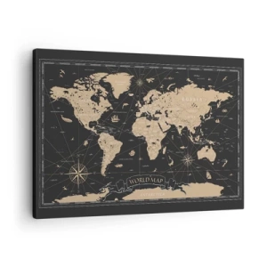 Cuadro sobre lienzo - Impresión de Imagen - Un mapa del mundo estilizado sobre un fondo negro con acentos beige. - 70x50cm - Las fronteras de mi mundo - Decoración de pared moderna para salón y dormitorio ARTTOR