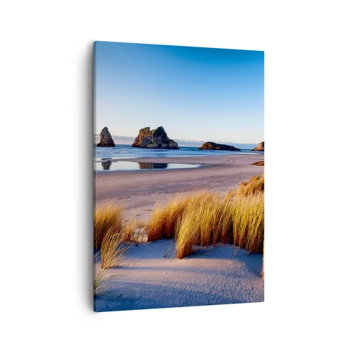 Cuadro sobre lienzo - Impresión de Imagen - Una playa pintoresca con vistas a las rocas y al mar al atardecer. - 50x70cm - Para buscadores de tranquilidad - Decoración de pared moderna para salón y dormitorio ARTTOR