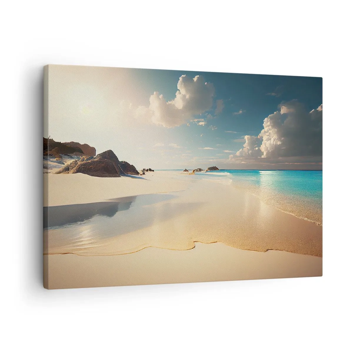 Cuadro sobre lienzo - Impresión de Imagen - Una playa soleada con mar azul y rocas. - 70x50cm - Un día de ensueño - Decoración de pared moderna para salón y dormitorio ARTTOR